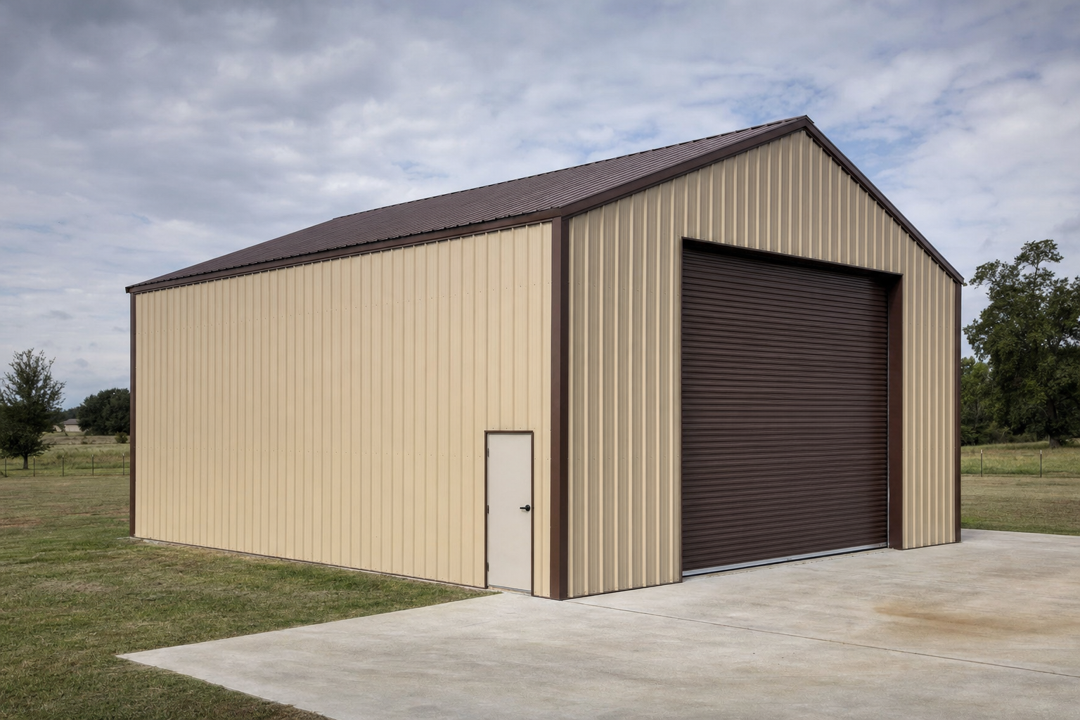 A large beige metal storage building with a dark brown roll-up garage door and a small side door stands on a concrete pad, surrounded by grass and trees.